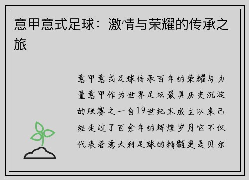 意甲意式足球：激情与荣耀的传承之旅