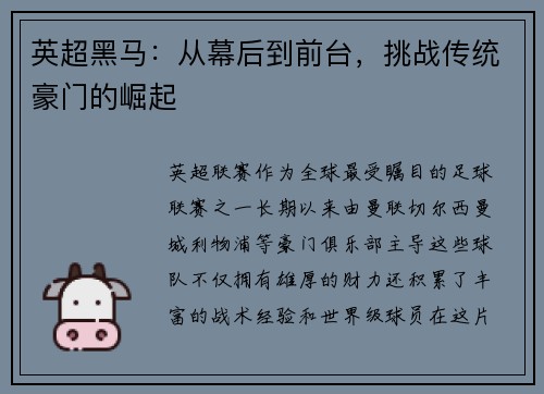 英超黑马：从幕后到前台，挑战传统豪门的崛起